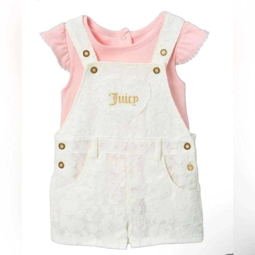 Juicy Couture Baby Girl White Textured Romper Overalls Gold Logo Snap Size 18M